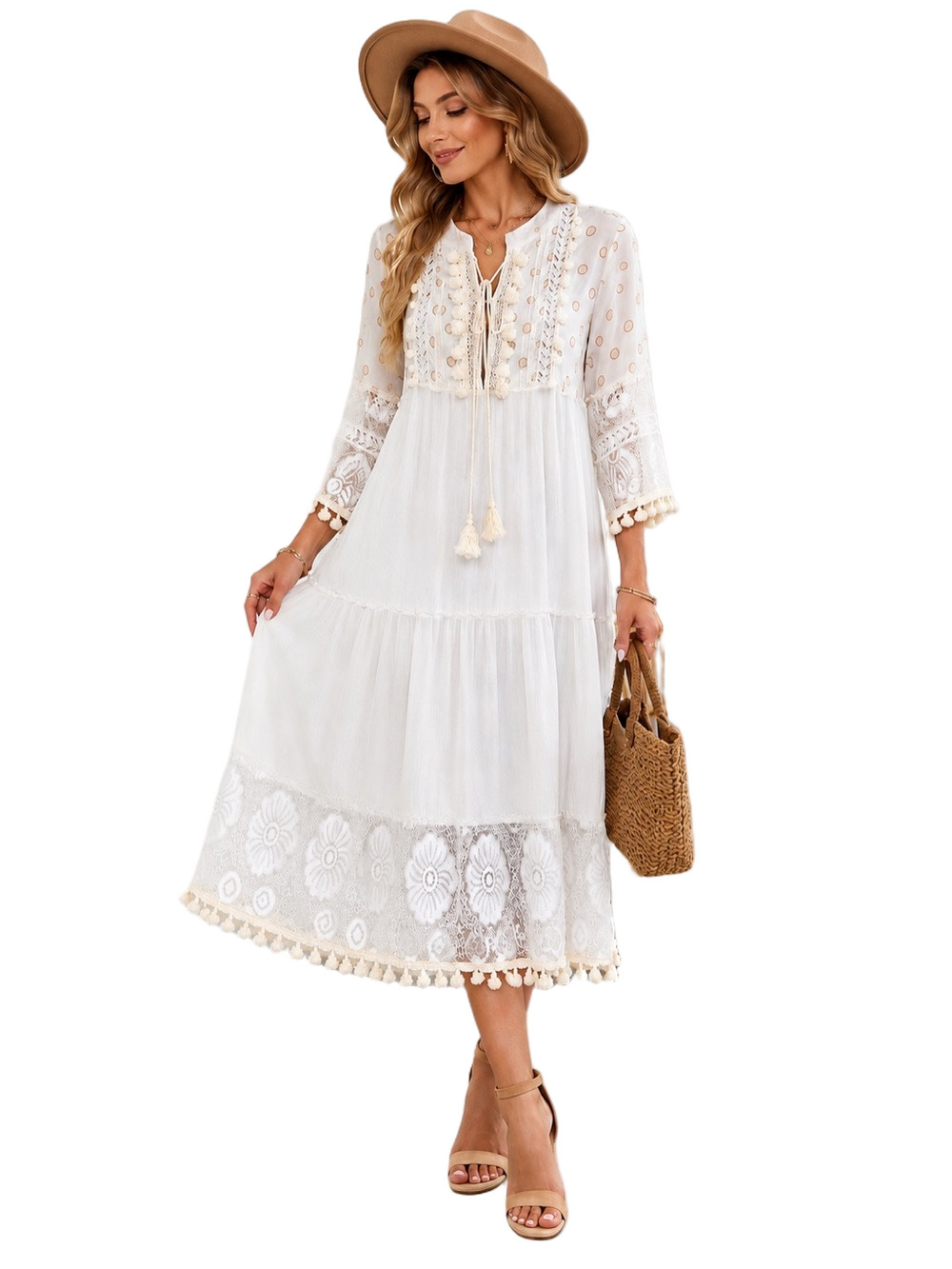 White Long Tiered Boho Dress Lace Polka Dots Romantic Cottagecore Size Small